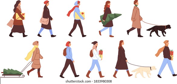 Crowd of people dressed in winter outerwear walking isolated on white background. Flat cartoon characters set. People in winter style. Christmas sale concept, shopping for holiday. 