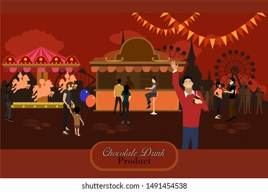 crowd people drinking a chocolate drink and hang out with family and friends on the night carnival funfair