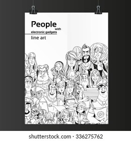 Crowd of people with electronic gadgets line art on white paper hanging on two binders