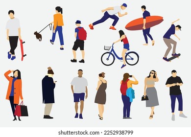 crowd of people engaging in summertime outdoor activities including skateboarding, bicycle riding, and dog strolling. a collection of flat, cartoon characters, both male and female, isolated on a whit