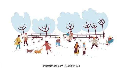 Multitud de personas disfrutando de actividades al aire libre en la ilustración plana vectorial del parque. Hombres, mujeres y niños coloridos jugando bolas de nieve, caminando con perro y trineo aislados en blanco