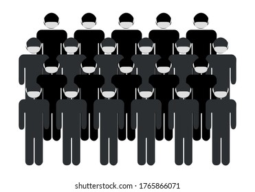 Crowd of people with face mask on white background.