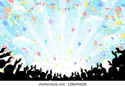 crowd of people and fire works in the sky