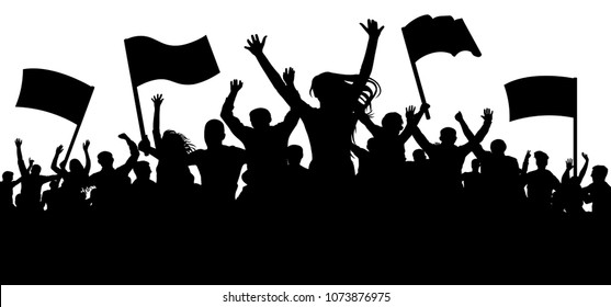 Crowd of people with flags, banners. Cheerful applause. Sports, mob, fans. Demonstration, manifestation, protest, strike, revolution, riot, propaganda. Silhouette background vector