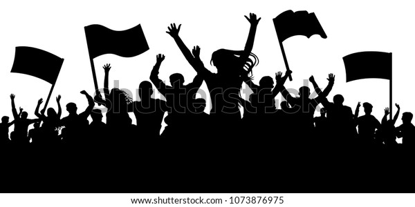 旗やバナーを持つ人々の群れ 明るい拍手 スポーツ モブ ファン デモ 現れ 抗議 ストライキ 革命 暴動 プロパガンダ シルエット背景のベクター画像 のベクター画像素材 ロイヤリティフリー