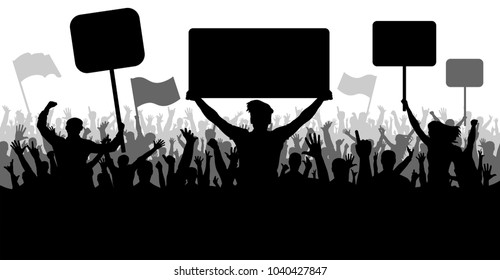 Crowd of people with flags, banners. Sports, mob, fans. Demonstration, manifestation, protest, strike, revolution. Silhouette background vector, angry mob