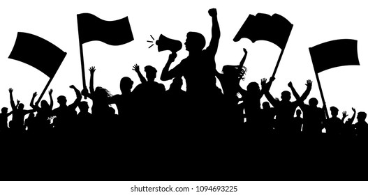 Crowd of people with flags, banners. Sports, mob, fans. Demonstration, manifestation, protest, strike, revolution, speaker, horn. Silhouette background vector