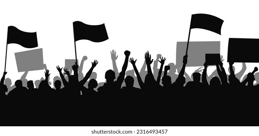 Crowd people flags, banners. Sports, crowds, fans. Demonstrations strikes, revolutions silhouette