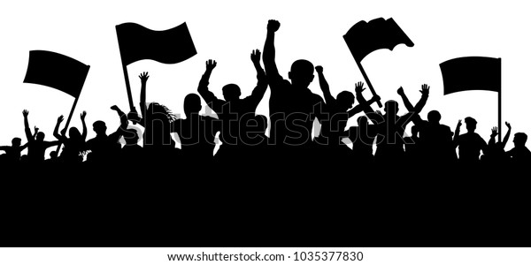 Crowd of people with flags, banners. Sports, mob,\
fans. Demonstration, manifestation, protest, strike, revolution.\
Silhouette background\
vector