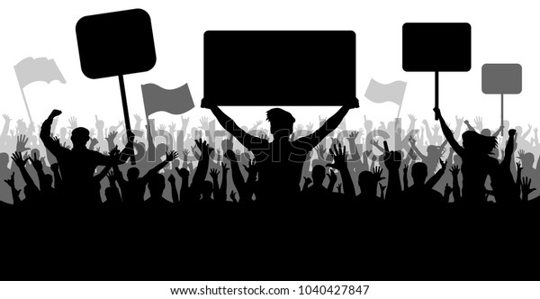 旗やバナーを持つ人々の群れ スポーツ モブ ファン デモ 現れ 抗議 ストライキ 革命 シルエット背景のベクター画像 怒ったモブ のベクター画像素材 ロイヤリティフリー