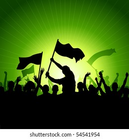 A Crowd Of People With Flags And Banners. Vector Illustration