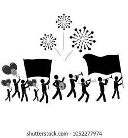 Crowd of People with Flags & Pacards, Balloons, Salutes & Music on Parade. Stick Figure Pictogram Icon