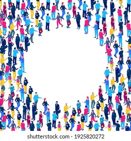 Crowd people form empty circle in center isometric template. Male and female characters discuss social information and gather for fashion vector festival.