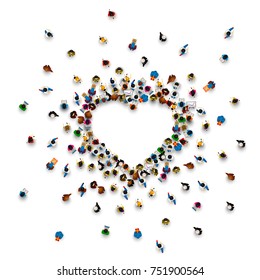 Crowd of people in the form of a heart symbol on a white background . Vector illustration