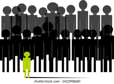 A crowd of people in the form of simple flat characters is behind the green man.