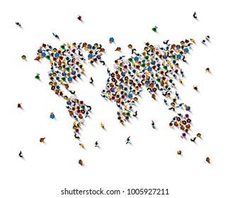 Crowd of people in the form of world map on white background . Vector illustration