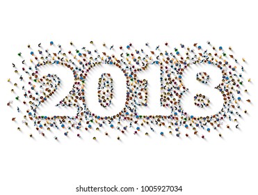 A crowd of people in the form of year 2018 on white background. Vector illustration