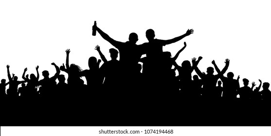 Crowd of people, friends at a party silhouette. Concert, festival, music. Cheer crowd people. Audience cheering applause. Cheerful sports fan. Mob soccer banner. Man with a bottle of beer, alcohol