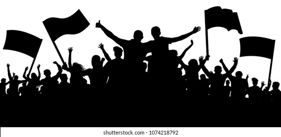 Crowd of people, friends at a party silhouette. Concert, festival, music. Cheer crowd people. Audience cheering applause. Cheerful sports fan. Mob soccer banner. Crowd with flags and banners