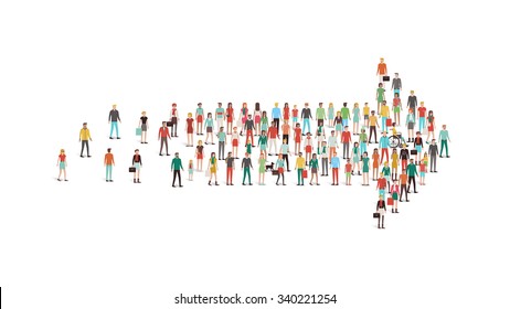 Crowd of people gathered in an arrow shape, leadership, choice and direction concept