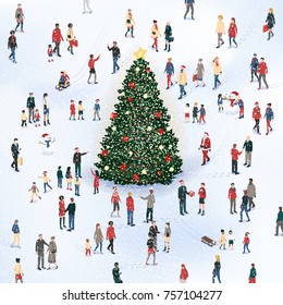 Crowd of people gathering around the Christmas tree under the snow and celebrating together, Christmas card