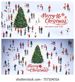 Crowd of people gathering around the Christmas tree under the snow and celebrating together, Christmas card