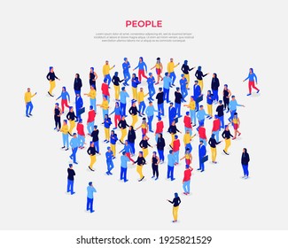 Crowd people gathers in circle isometric illustration. Male and female characters come to festival and discuss latest social vector news.