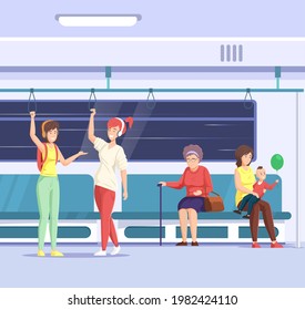 Crowd of people go by public transport metro. Passengers inside city bus subway train. Woman elderly children at train interior communicate, talk, reading book. Urban commuting vehicle vector