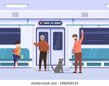 Crowd of people go by public transport metro. Passengers inside city bus subway train. Woman reading book, man with pet at train interior. Elderly man prepares to leave cartoon vector