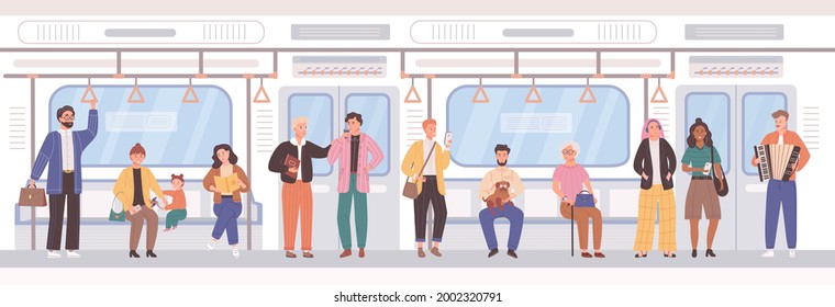 Crowd of people go by public transport metro. Passengers inside city bus subway train. Man woman children pet at train interior communicate, reading book, listen to music, man playing accordion vector