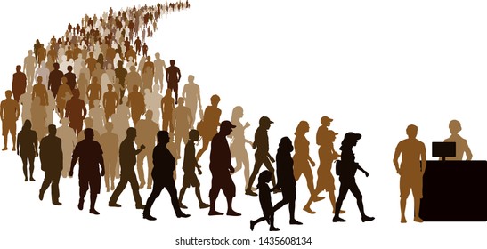 Crowd of people go to register. Reception girl with computer at the counter. Isolated vector silhouette on white background