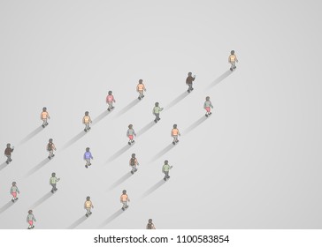 Crowd of people goes forward behind the leader. Way to success. Vector illustration