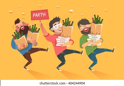 Crowd of people going to the party. Youth lifestyle. Three happy young men with packages of beer, pizza and "Party" placard. Colorful vector illustration in flat style