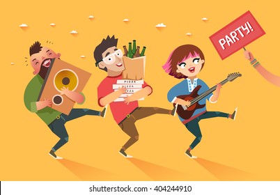 Crowd Of People Going To The Party. Youth Lifestyle. Happy Young Boys And Girl With Guitar, Loudspeaker And Packages Of Beer, Pizza And 