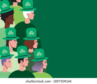 Multitud de personas en verde, plantilla de espacio de copia. Ilustración de material vectorial plano. El día de San Patrick como fiesta. La gente junta y el fin de semana. Ilustración con lugar para el texto para el diseño