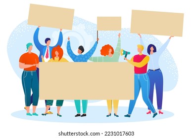 Crowd people group protest with banner, activist demonstration vector illustration. Man woman character hold placard at strike,political revolution.
