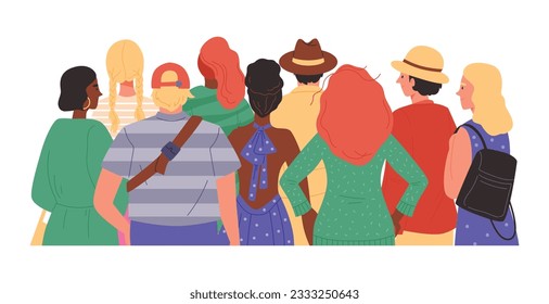 Crowd of people, half body men and women view from back on white background. Viewed from behind various people characters. Vector standing people wearing casual clothes flat illustration