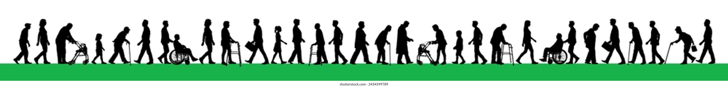 Crowd people handicapped people with walking aids walking on street vector silhouette. Elderly people with walking aids walking on city street side view silhouette.	