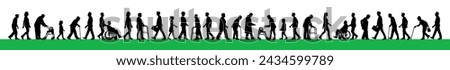 Crowd people handicapped people with walking aids walking on street vector silhouette. Elderly people with walking aids walking on city street side view silhouette.	