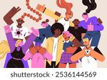 Crowd of people has fun at the party. Happy friends celebrate, cuddle together. Diverse men and women dancing, laughing, hug at the disco. International friendship concept. Flat vector illustration