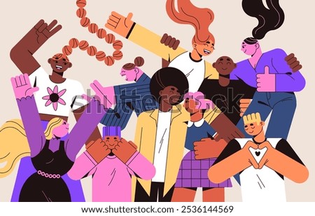 Crowd of people has fun at the party. Happy friends celebrate, cuddle together. Diverse men and women dancing, laughing, hug at the disco. International friendship concept. Flat vector illustration