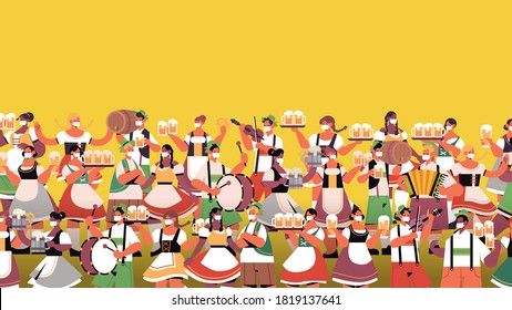 crowd people holding beer mugs and playing musical instruments Oktoberfest party celebration concept mix race people having fun horizontal portrait vector illustration