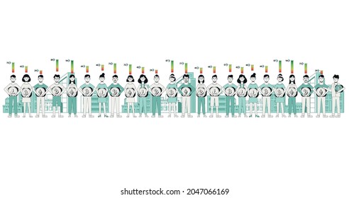 A crowd of people holding crypto in their hands and ratings on them - vector