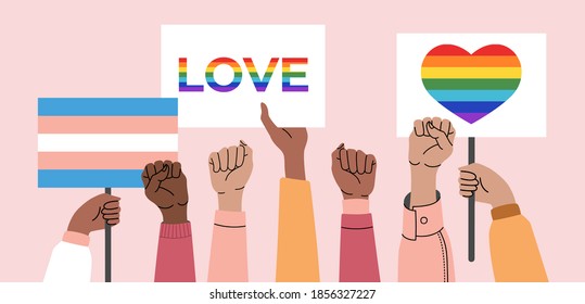 A crowd of people holding lgbt posters, transgender and rainbows at a gay parade. Human rights, discrimination banner. Lgbtq symbol. Vector illustration in cartoon style on isolated pink background. 