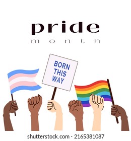 A crowd of people holding lgbt posters at a gay parade. Human rights, discrimination banner. Lgbtq symbol. Pride month Vector illustration in cartoon style on isolated background.