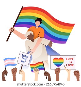 A crowd of people holding lgbt posters at a gay parade.Two men with lgbt flag. Lgbtq symbol. Pride month Vector illustration in cartoon style on isolated background.