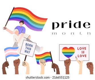 A crowd of people holding lgbt posters at a gay parade.Two men with lgbt flag. Lgbtq symbol. Pride month Vector illustration in cartoon style on isolated background.