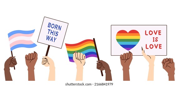 A crowd of people holding lgbt posters at a gay parade. Human rights, discrimination banner. Lgbtq symbol. Pride month Vector illustration in cartoon style on isolated background.