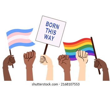 A crowd of people holding lgbt posters at a gay parade. Human rights, discrimination banner. Lgbtq symbol. Pride month Vector illustration in cartoon style on isolated background.