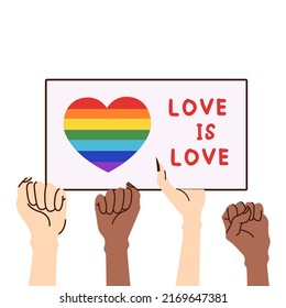 A crowd of people holding lgbt posters at a gay parade. Human rights, discrimination banner. Lgbtq symbol. Pride month Vector illustration in cartoon style on isolated background.